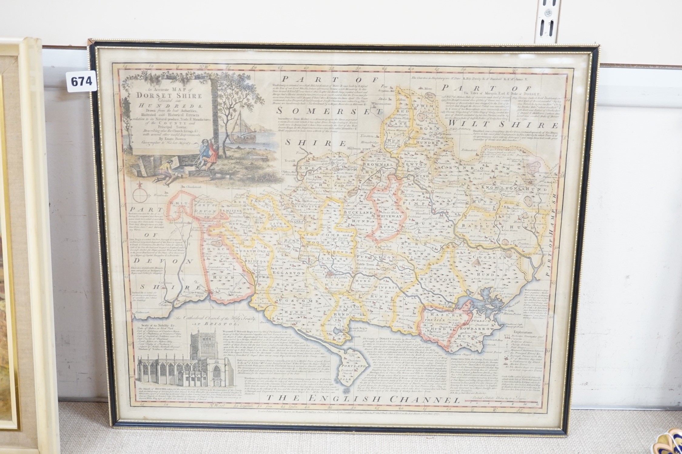 Emmanuel Bowen, coloured engraving, Map, of Dorsetshire 1777, overall 44 x 53cm